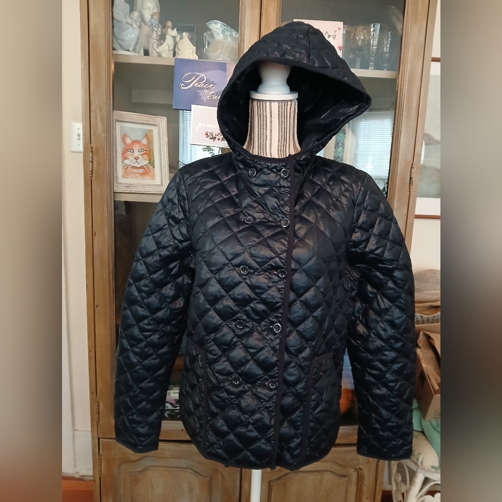 🪻J. Crew Quilted Navy Hooded Double-breasted Quilt Jacket - l - Picture 5 of 5